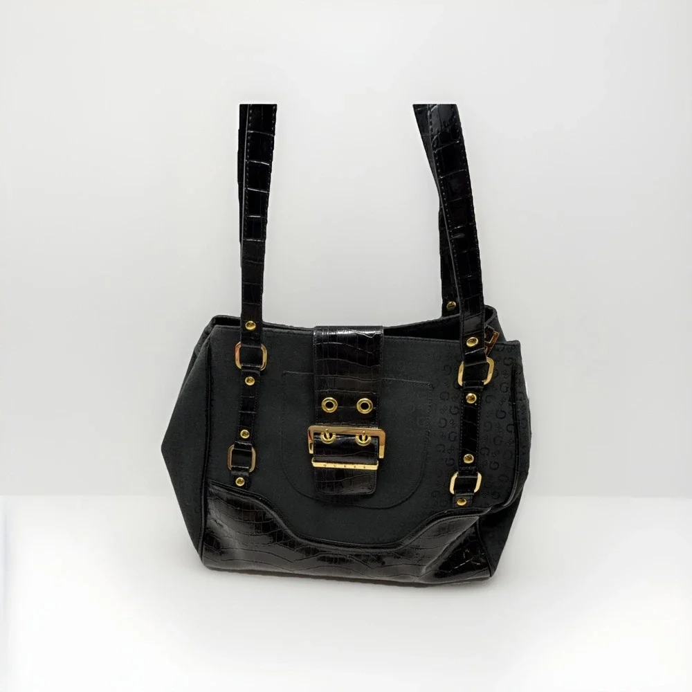 Guess Black Monogrammed Shoulder Bag Buckle‎ Detail Faux Croc Trim Satchel Y2K